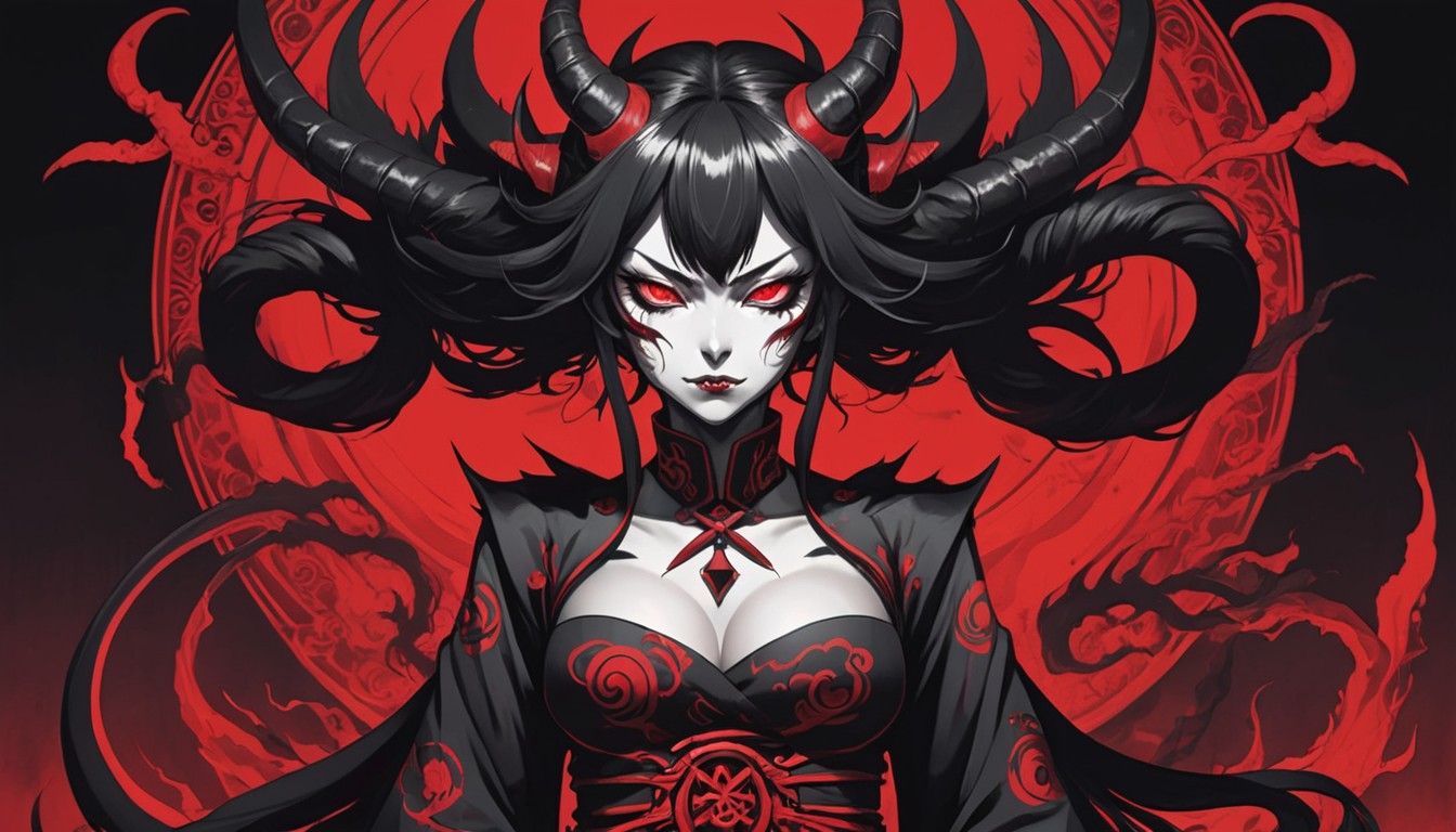 صورة مولدة بالذكاء الاصطناعي: Midjourney prompt: Japanese art, scary demon woman , influence... (نموذج Midjourney - أنمي)
