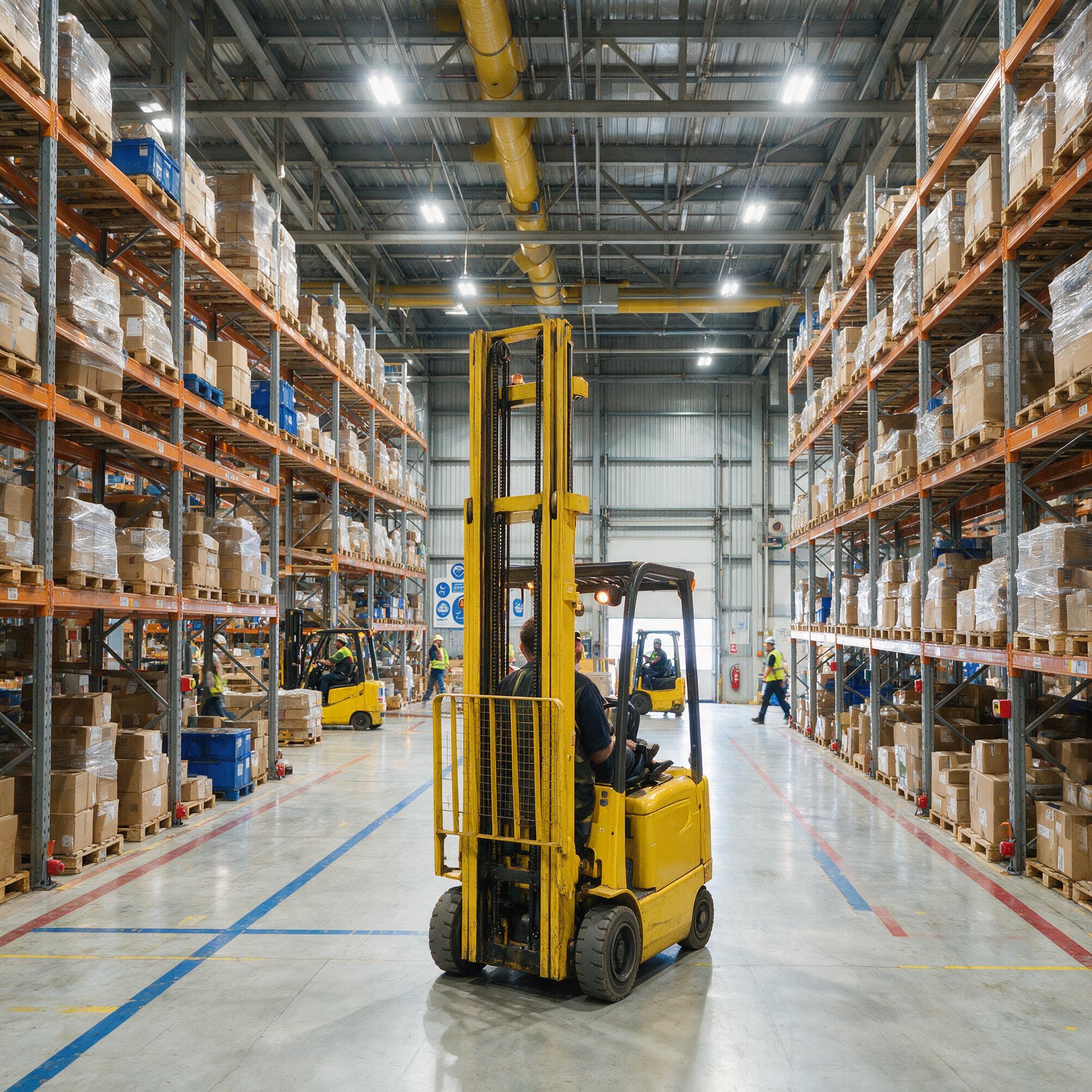 AI generated: Seedream 5 prompt: show a busy warehouse with a worker standing with ... (Seedream 5 - Concept Art)