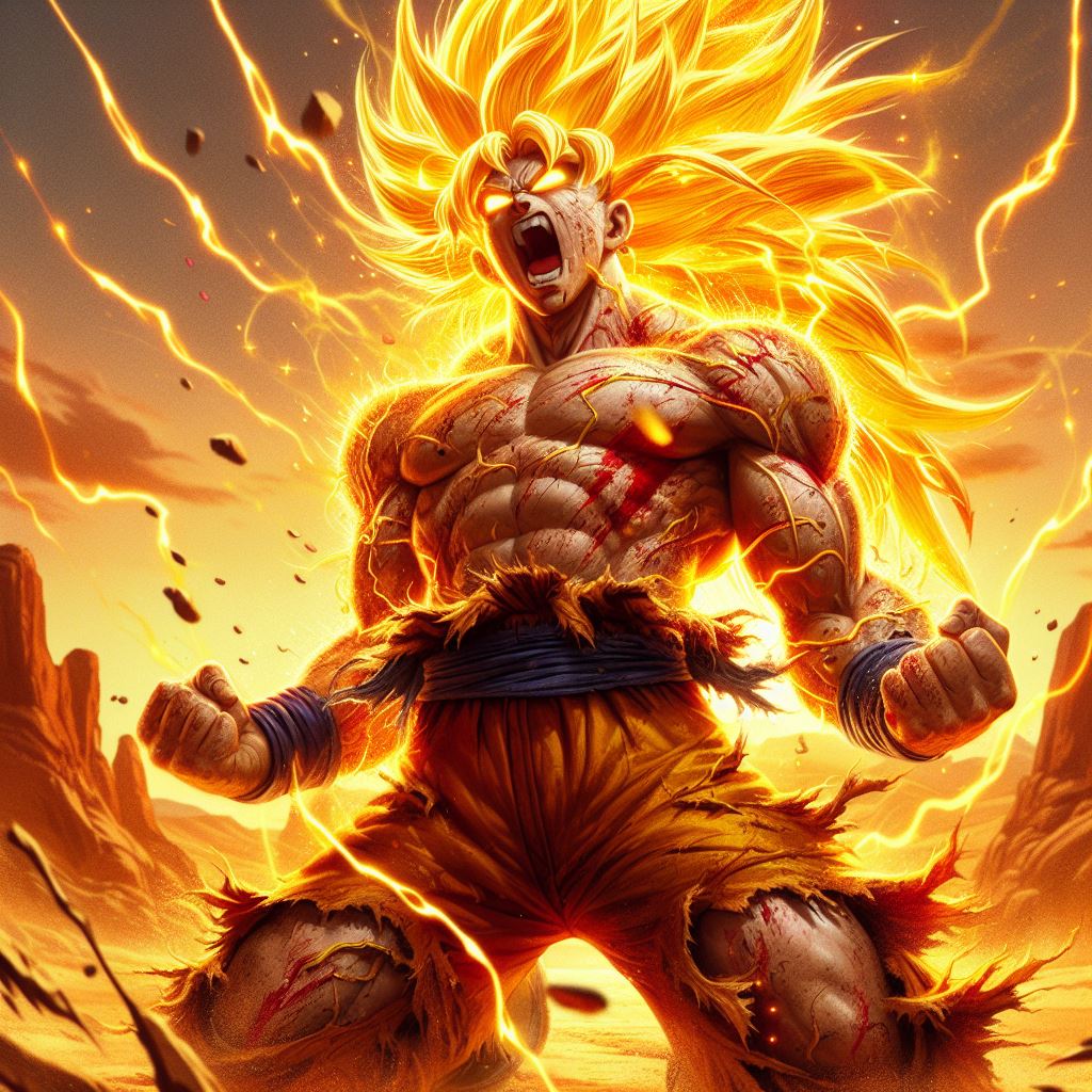صورة مولدة بالذكاء الاصطناعي: DALL·E prompt: Dbz: Goku like character, extra long yellow hair, ... (نموذج DALL·E - أنمي)