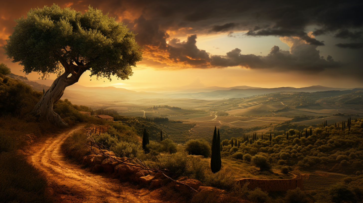 Midjourney prompt: landscape photo of tuskany in sunset, flat soft mo... - Midjourney
