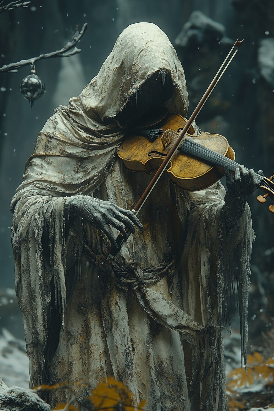 AI generated: Midjourney prompt: A solitary, spectral figure in a tattered winter c... (Midjourney - Photography)
