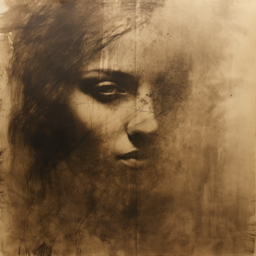 صورة مولدة بالذكاء الاصطناعي: Midjourney prompt: dry brush sepia ink texture on textured paper, cen... (نموذج Midjourney - صور شخصية)