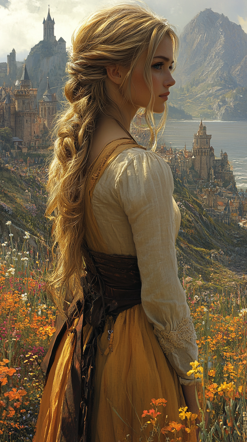 صورة مولدة بالذكاء الاصطناعي: Midjourney prompt: In the golden glow of dusk, a pale woman with soft... (نموذج Midjourney - صور شخصية)