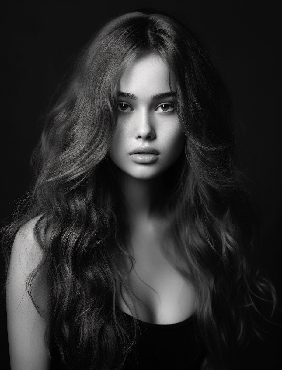 صورة مولدة بالذكاء الاصطناعي: Midjourney prompt: a black and white photo of a woman with long hair,... (نموذج Midjourney - صور شخصية)