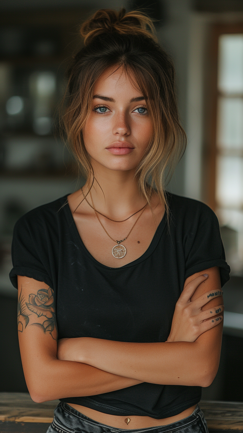 AI generated: Midjourney prompt: a woman in black shirt with her arms folded agains... (Midjourney - Photography)