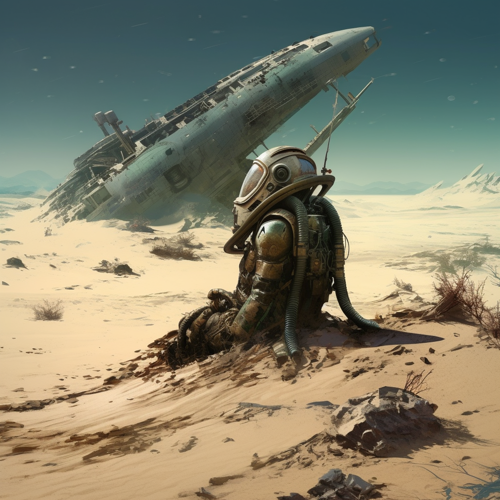 صورة مولدة بالذكاء الاصطناعي: Midjourney prompt: death on an alien planet ship wreck, sci fi (نموذج Midjourney - فن مفاهيمي)
