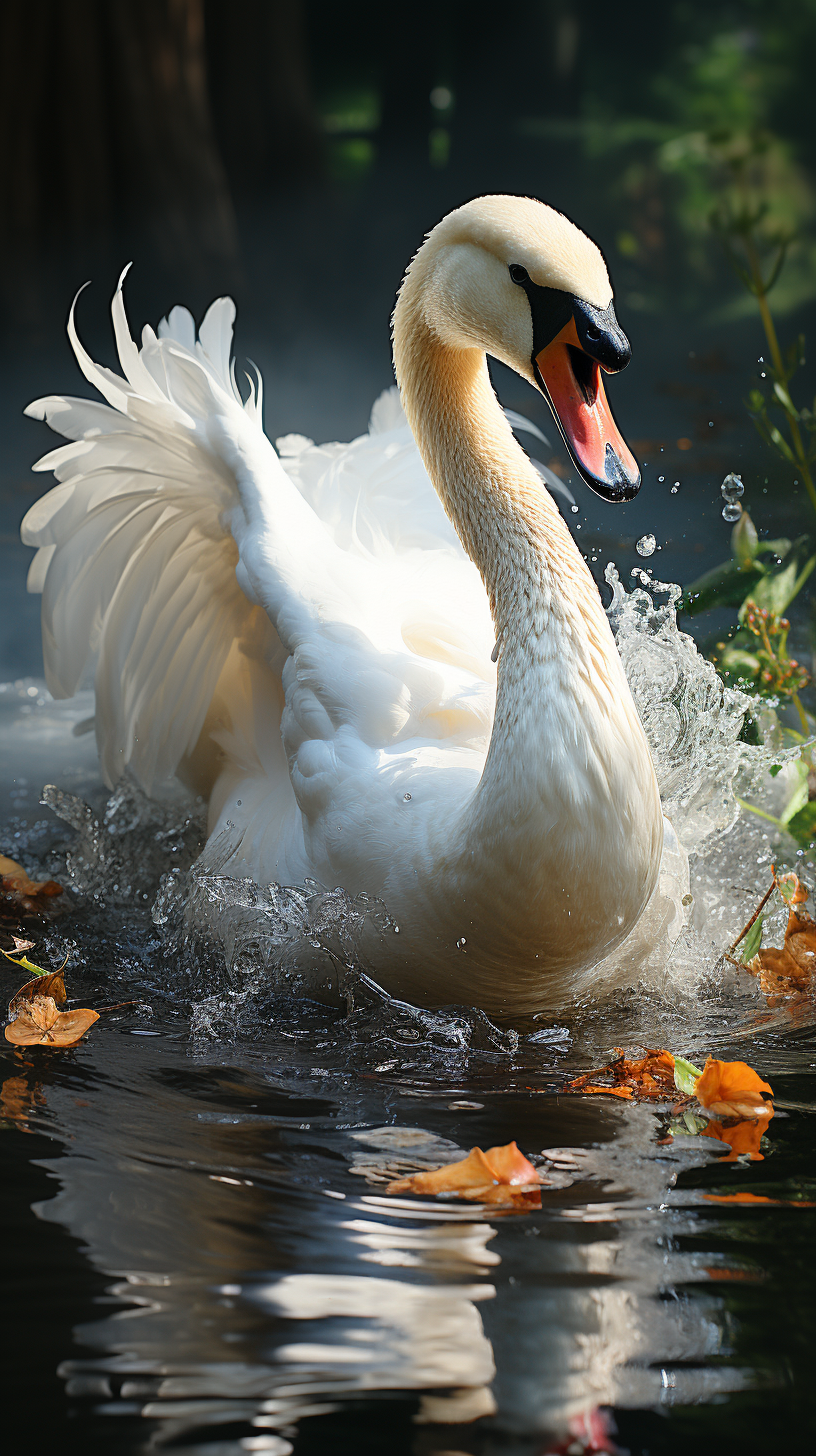 AI generated: Midjourney prompt: A graceful white colored swan, action shot, impres... (Midjourney - Photography)