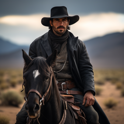 AI generated: Midjourney prompt: Wild West cowboy on a big black horse. This cowboy... (Midjourney - Animals & Nature)
