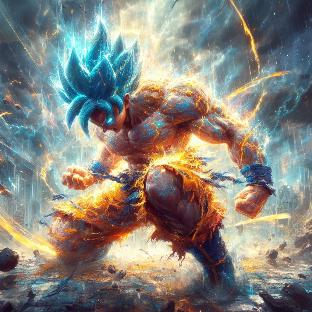 AI generated: DALL·E prompt: "painterly style, Goku fighting at war, raging, bl... (DALL·E - Anime)