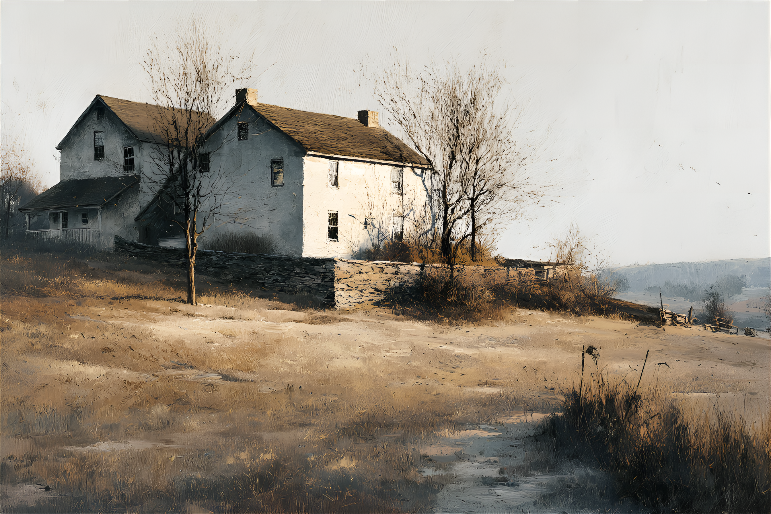 AI generated: Midjourney prompt: serene scene featuring a countryside farm in the ... (Midjourney - Concept Art)