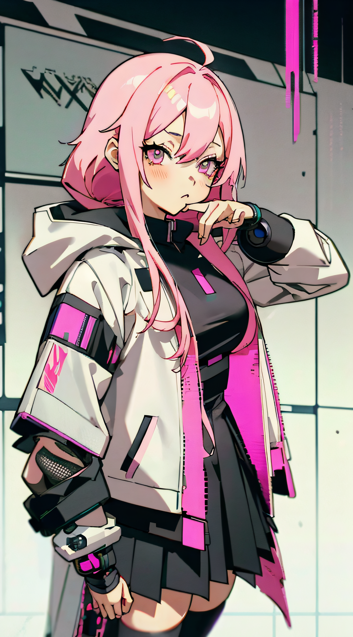 MeinaMix prompt: anime girl with pink hair and a white jacket and b... - MeinaMix