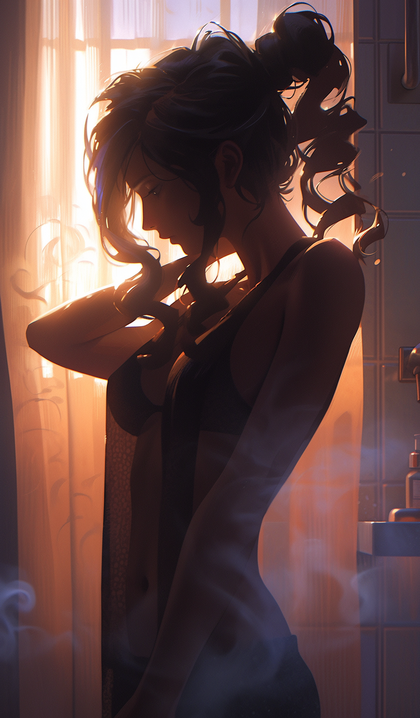 Midjourney prompt: Silhouette taking a shower, steam from hot water i... - Midjourney