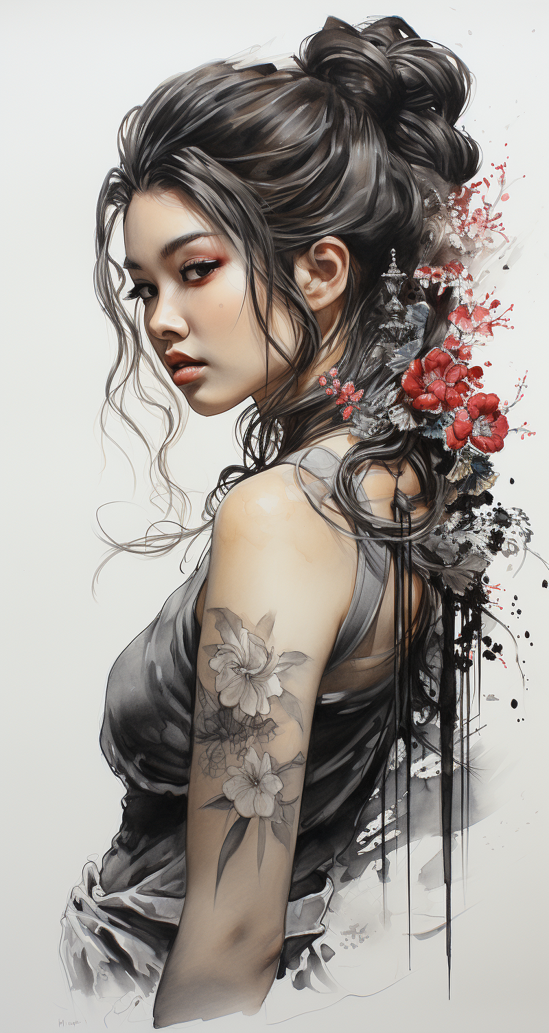 AI generated: Midjourney prompt: Japanese ink drawing of a stunning Japanese woman,... (Midjourney - Portraits)