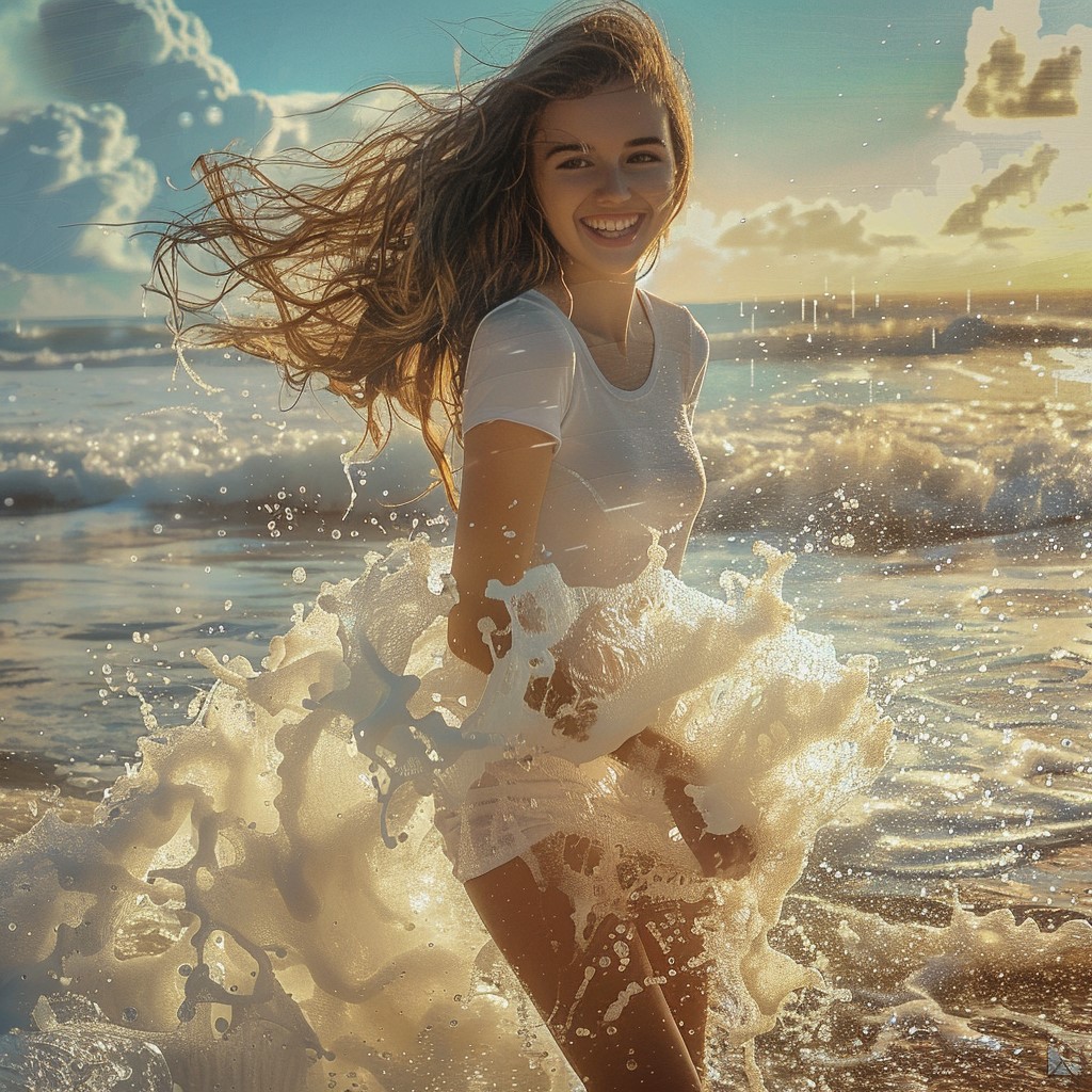 Midjourney prompt: HDR photo of woman walks in the surf at a beach, l... - Midjourney