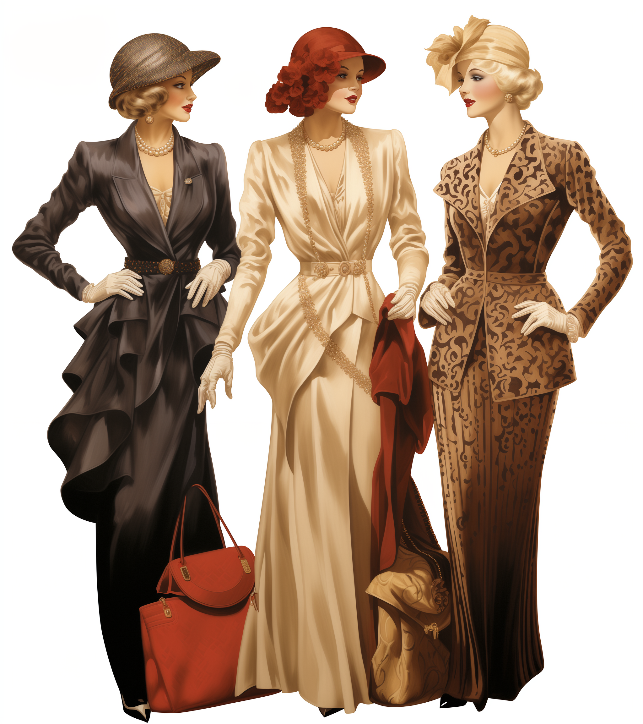 AI generated: Midjourney prompt: vintage fashion illustration, three women in diffe... (Midjourney - Fashion)