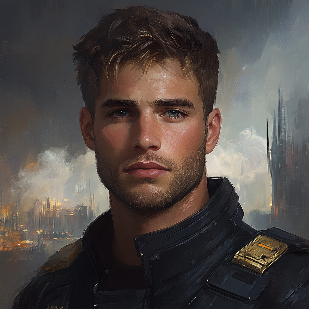 AI generated: Midjourney prompt: A handsome man with brown hair and light stubble, ... (Midjourney - Portraits)