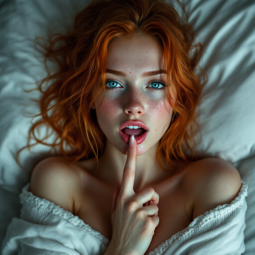 صورة مولدة بالذكاء الاصطناعي: FLUX prompt: ginger girl with freckles in bed, with finger in m... (نموذج FLUX - صور شخصية)