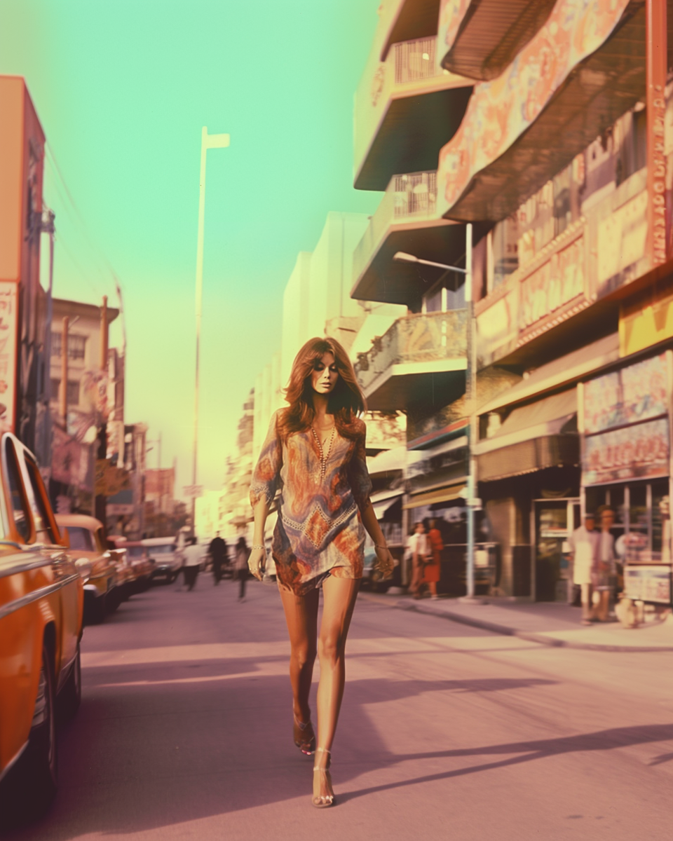 صورة مولدة بالذكاء الاصطناعي: Midjourney prompt: psychedelic photo of young raquel welch walking on... (نموذج Midjourney - تصوير فوتوغرافي)