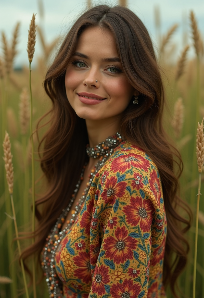 FLUX prompt: glamorous photo female model, stands near a field ... - FLUX