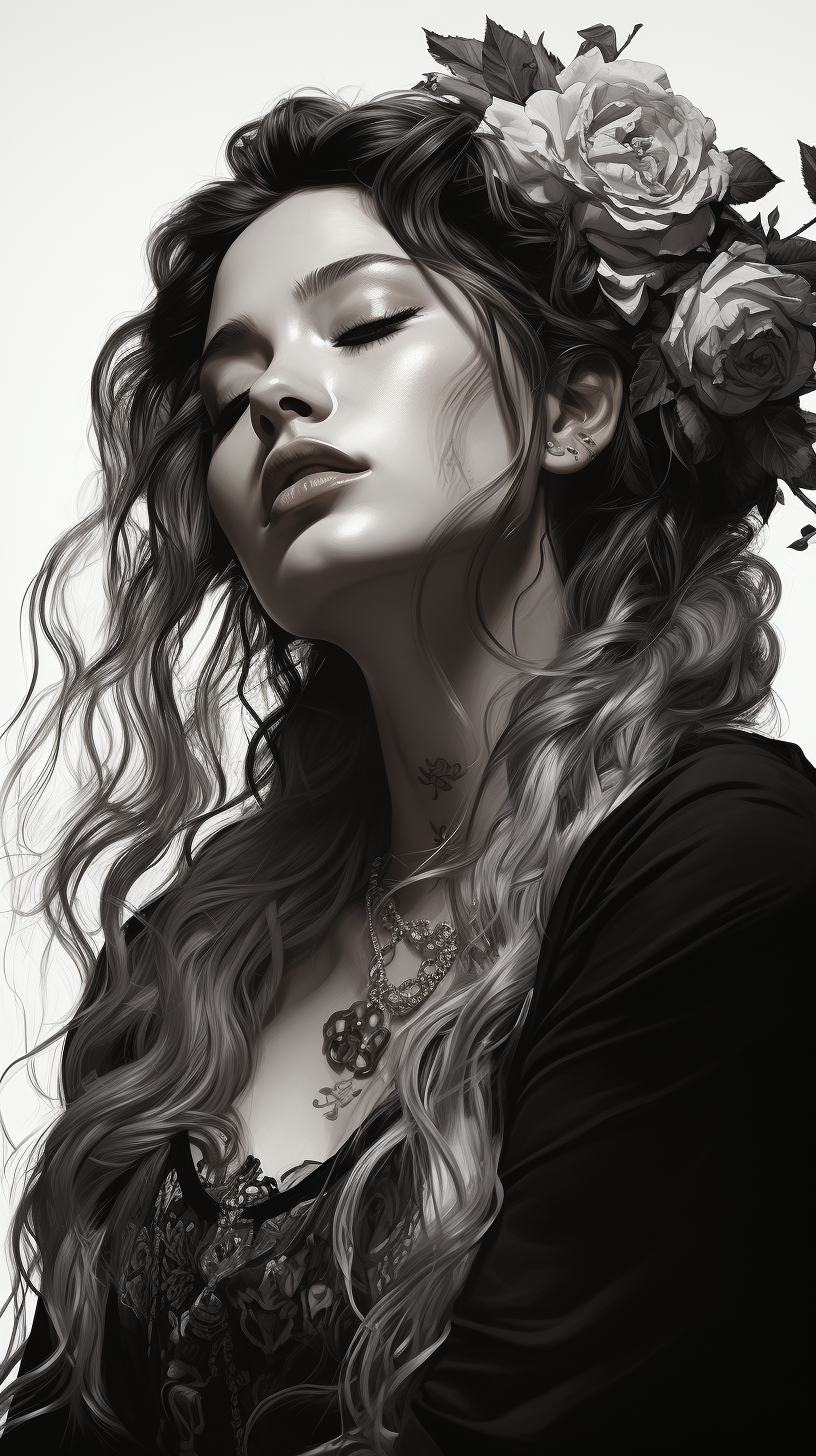 Midjourney prompt: black and white portrait of a woman having long ha... - Midjourney