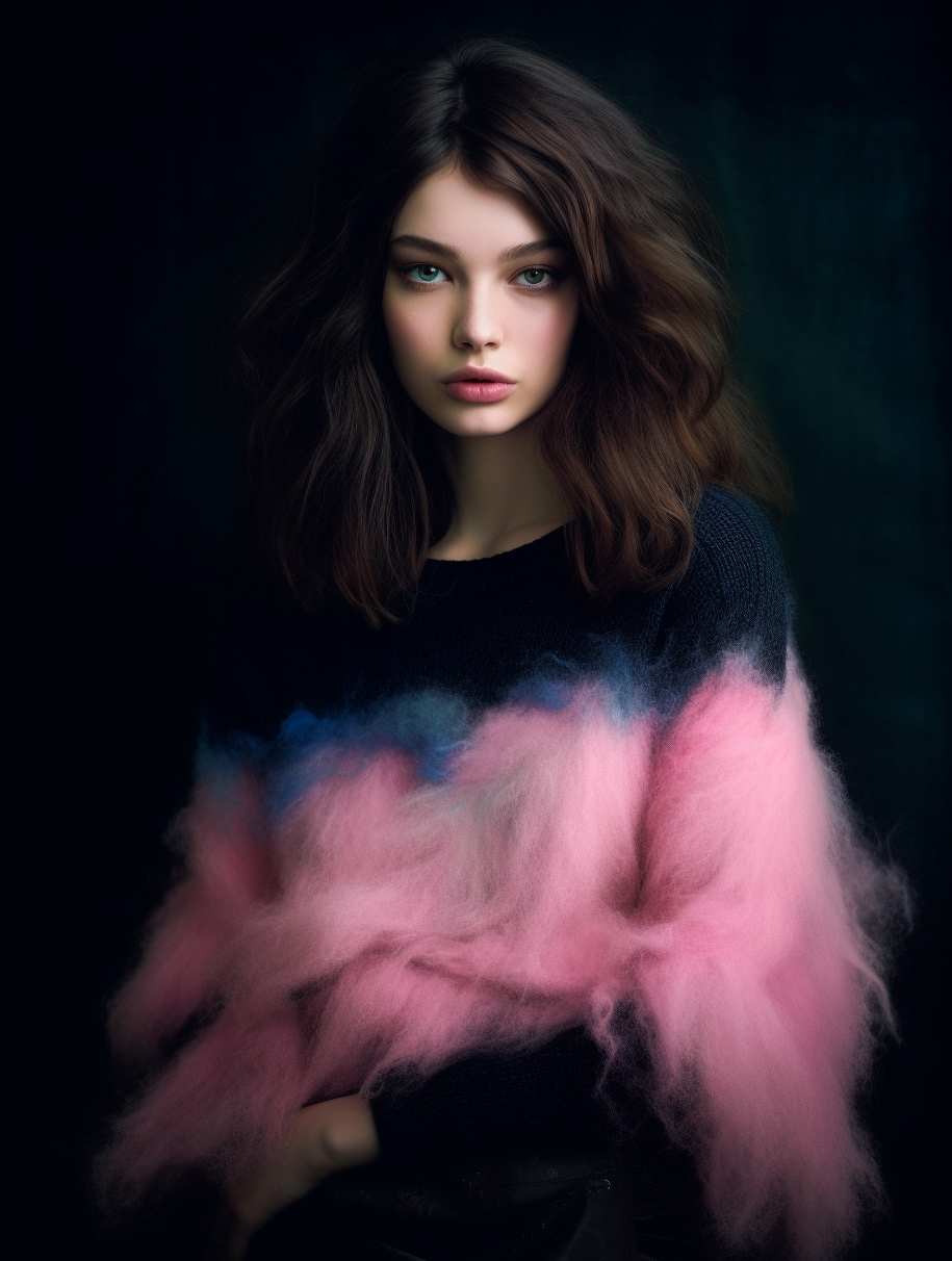 Midjourney prompt: a woman in a pink sweater and black skirt, a portr... - Midjourney