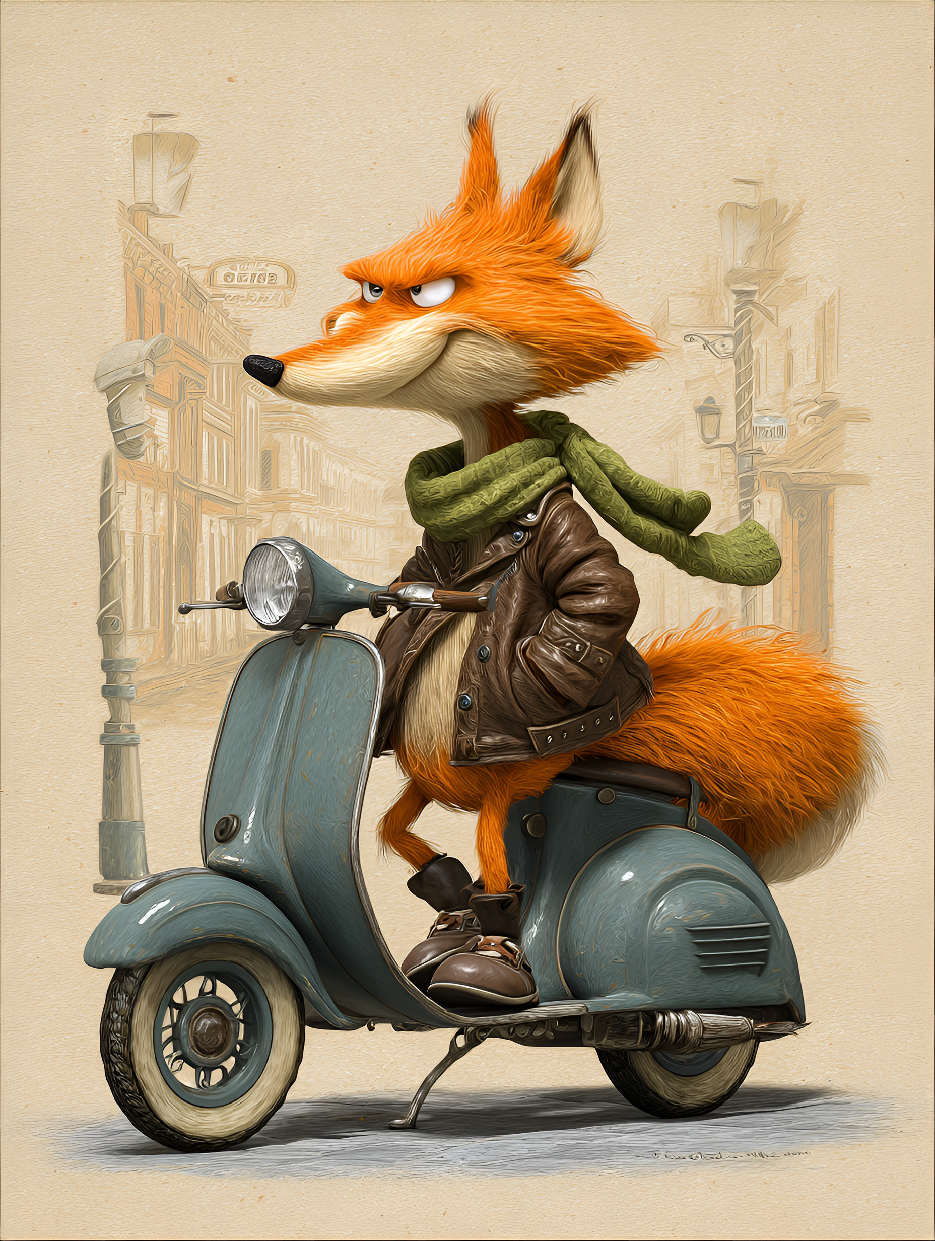 صورة مولدة بالذكاء الاصطناعي: Midjourney prompt: funny caricature, stylish fox on scooter caricatur... (نموذج Midjourney - فن مفاهيمي)