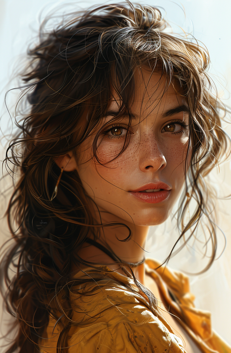 AI generated: Midjourney prompt: an illustration of a woman with long brown hair, i... (Midjourney - Portraits)