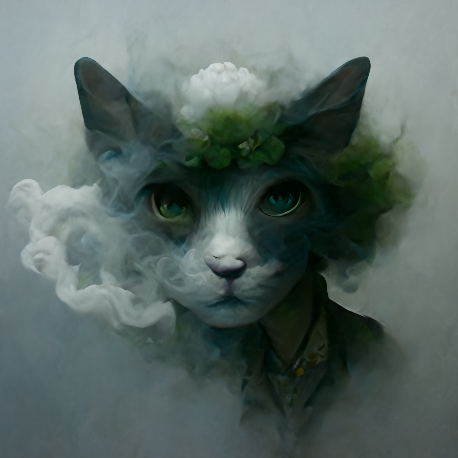 Midjourney prompt: cat made out of clouds, moved by wind,...