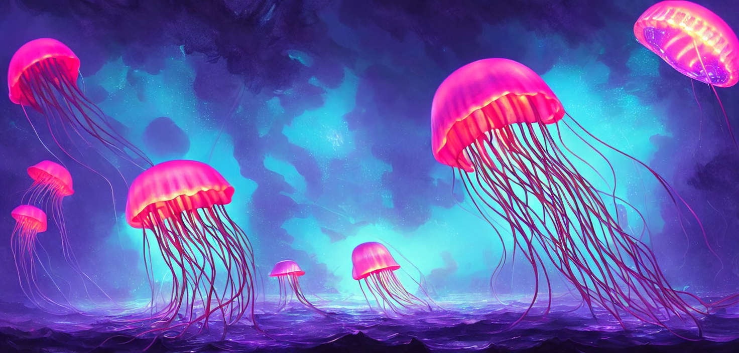 Stable Diffusion prompt: glowing jellyfish swim deep in b...