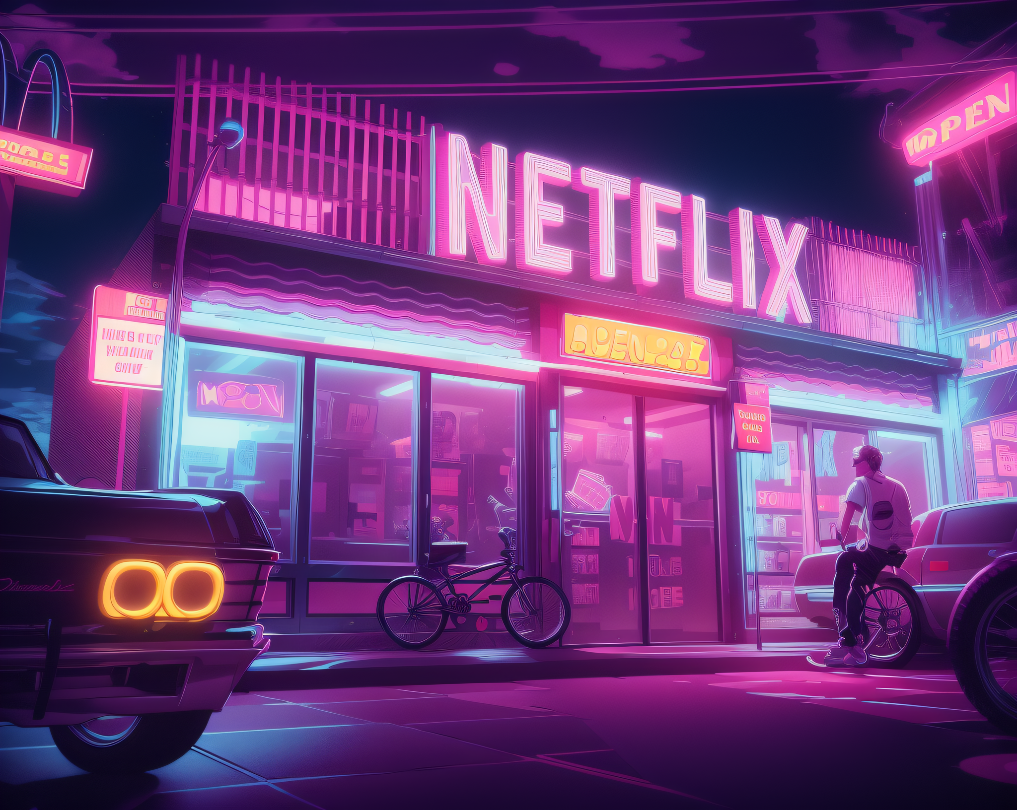 AI generated: ReV Animated prompt: a cartoon of a man riding a bike past a mcdonald's... (ReV Animated - Concept Art)