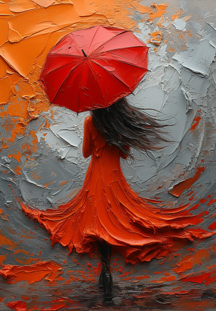 AI generated: Midjourney prompt: a painting of a woman holding a red umbrella, in t... (Midjourney - Concept Art)
