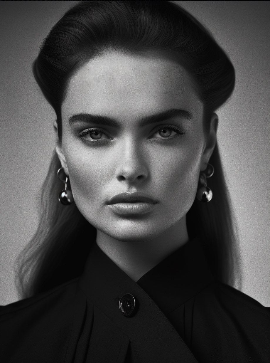 AI generated: Midjourney prompt: a black and white photo of a woman with her hand o... (Midjourney - Fashion)