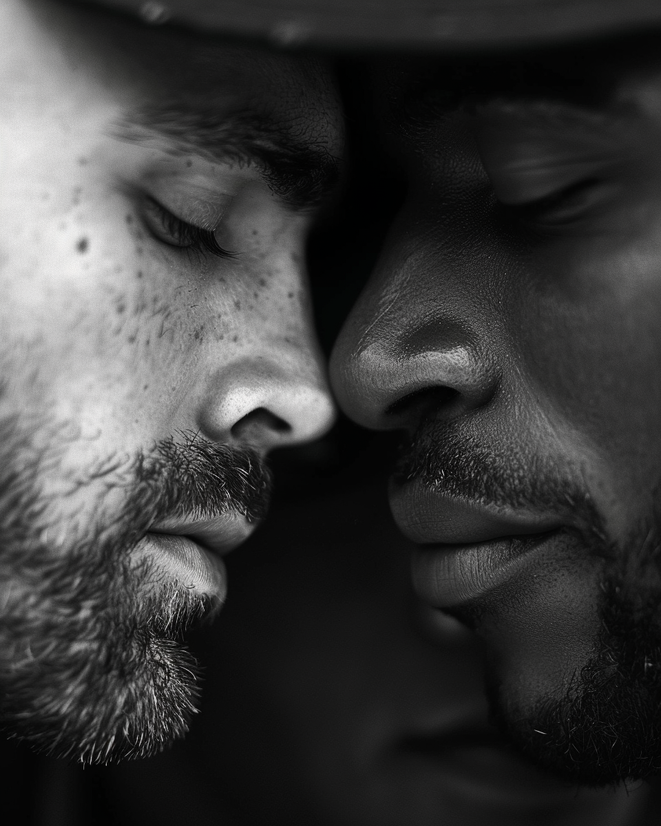 AI generated: Midjourney prompt: Close up of two men in love, tender moment, in the... (Midjourney - Photography)