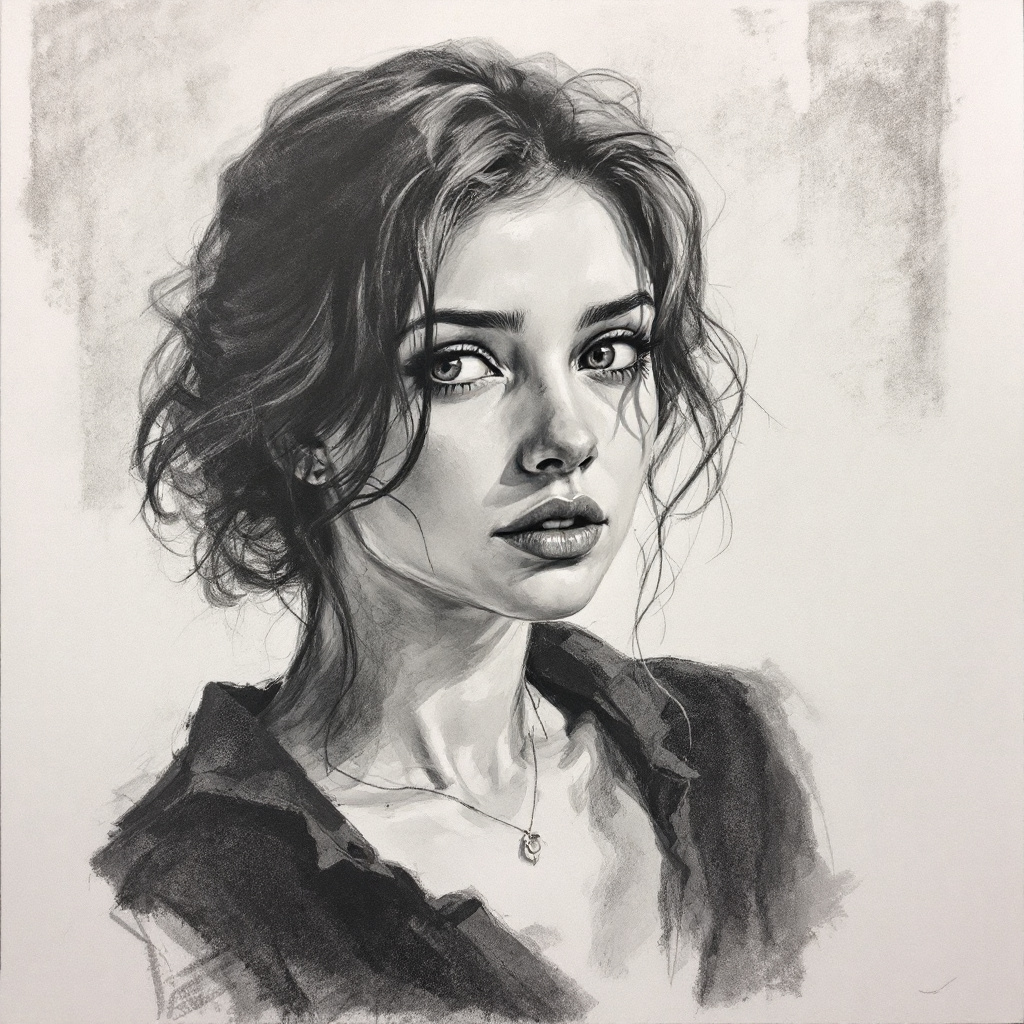 AI generated: FLUX prompt: Charcoal drawing, portrait, girl, expressive (FLUX - Portraits)
