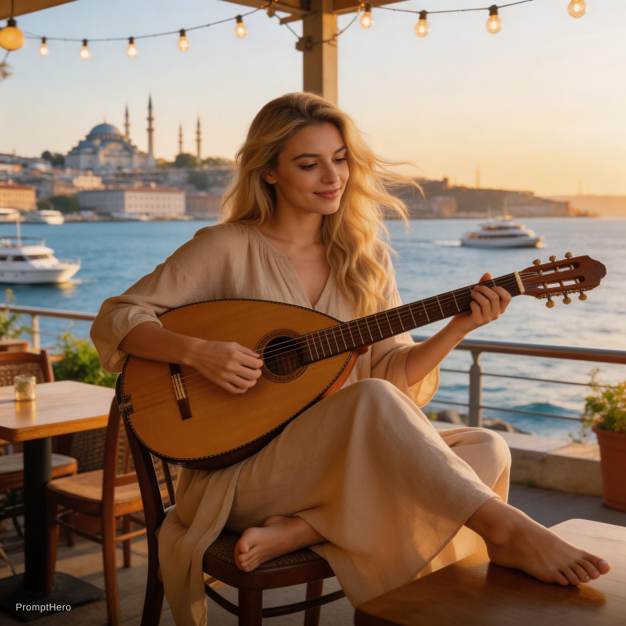 AI generated: Seedream 5 prompt: A beautiful modern blonde Turkish girl sitting at ... (Seedream 5 - Portraits)