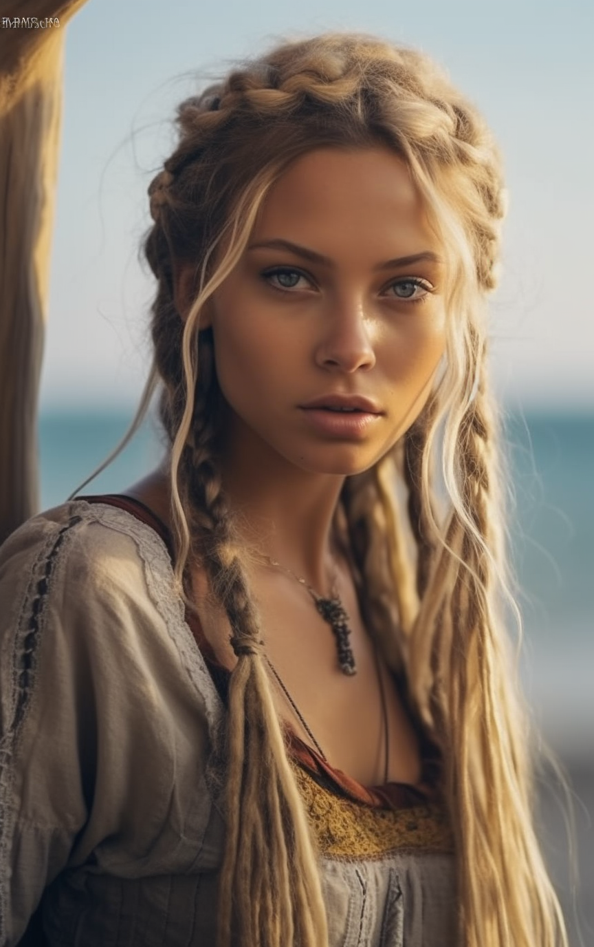 AI generated: Midjourney prompt: A hippie woman with beautifully braided hair. natu... (Midjourney - Portraits)