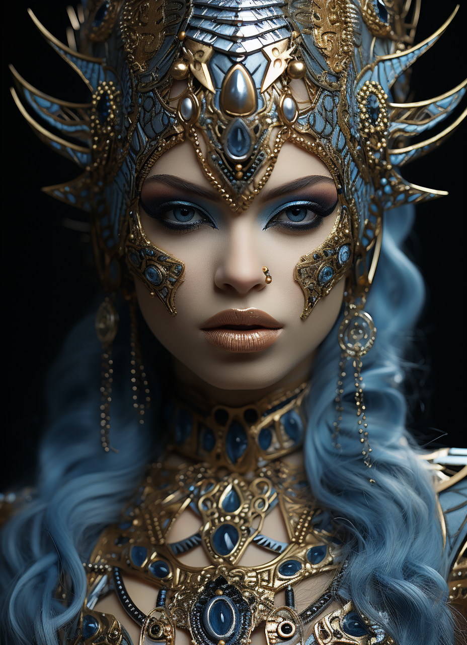 AI generated: Midjourney prompt: a girl with makeup and an armor on her face, in th... (Midjourney - Portraits)