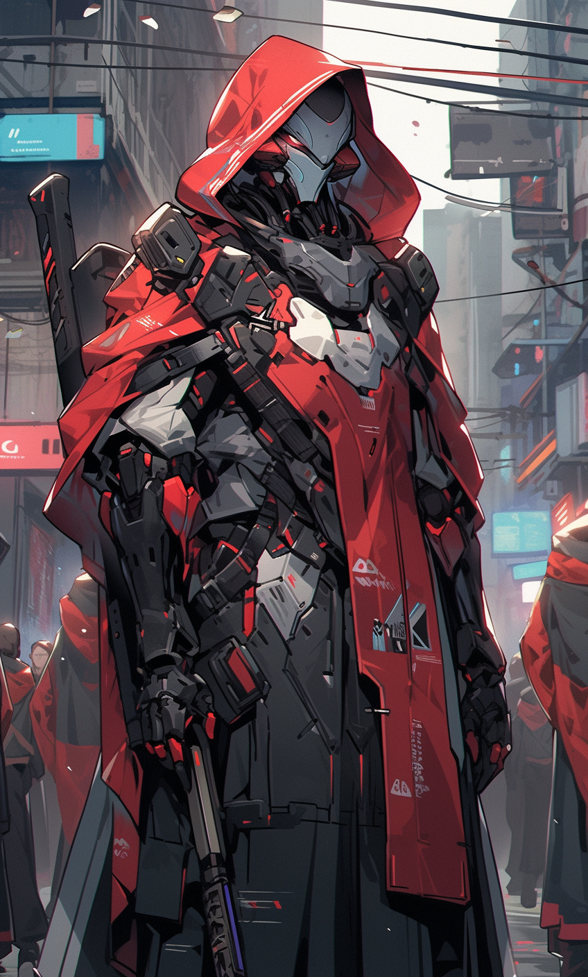 Midjourney prompt: a futuristic robot wearing a cape in an urban scen... - Midjourney
