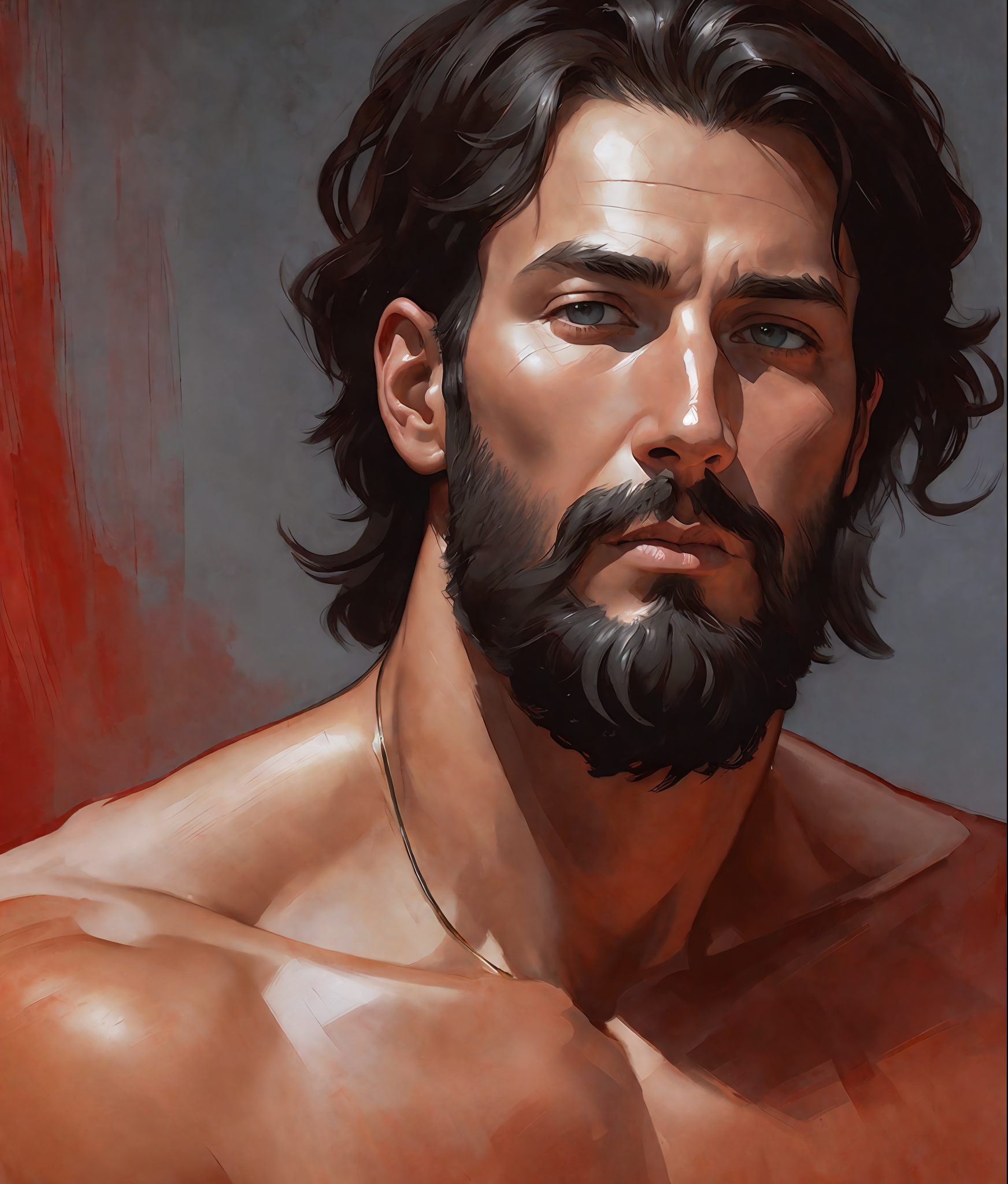 Openjourney prompt: Adam the first man, red skin, black short hair, bi... - Openjourney