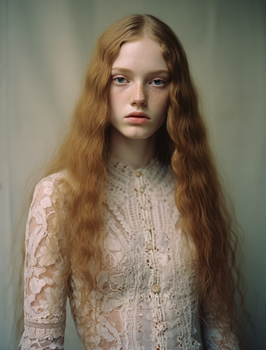 Midjourney prompt: 18 years old fashion long hair model wearing a lac... - Midjourney
