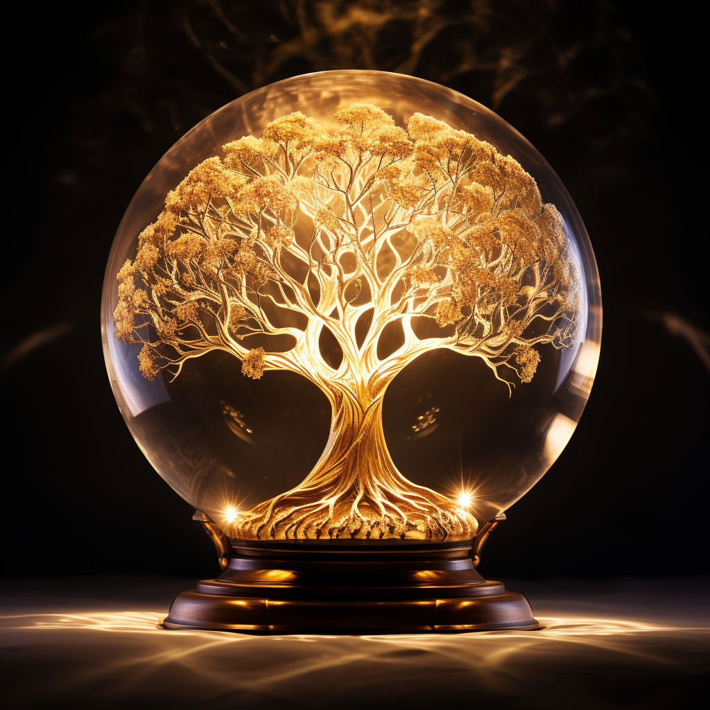 صورة مولدة بالذكاء الاصطناعي: Midjourney prompt: A tree lit in the dark, golden sacred tree, Tree o... (نموذج Midjourney - فن مفاهيمي)