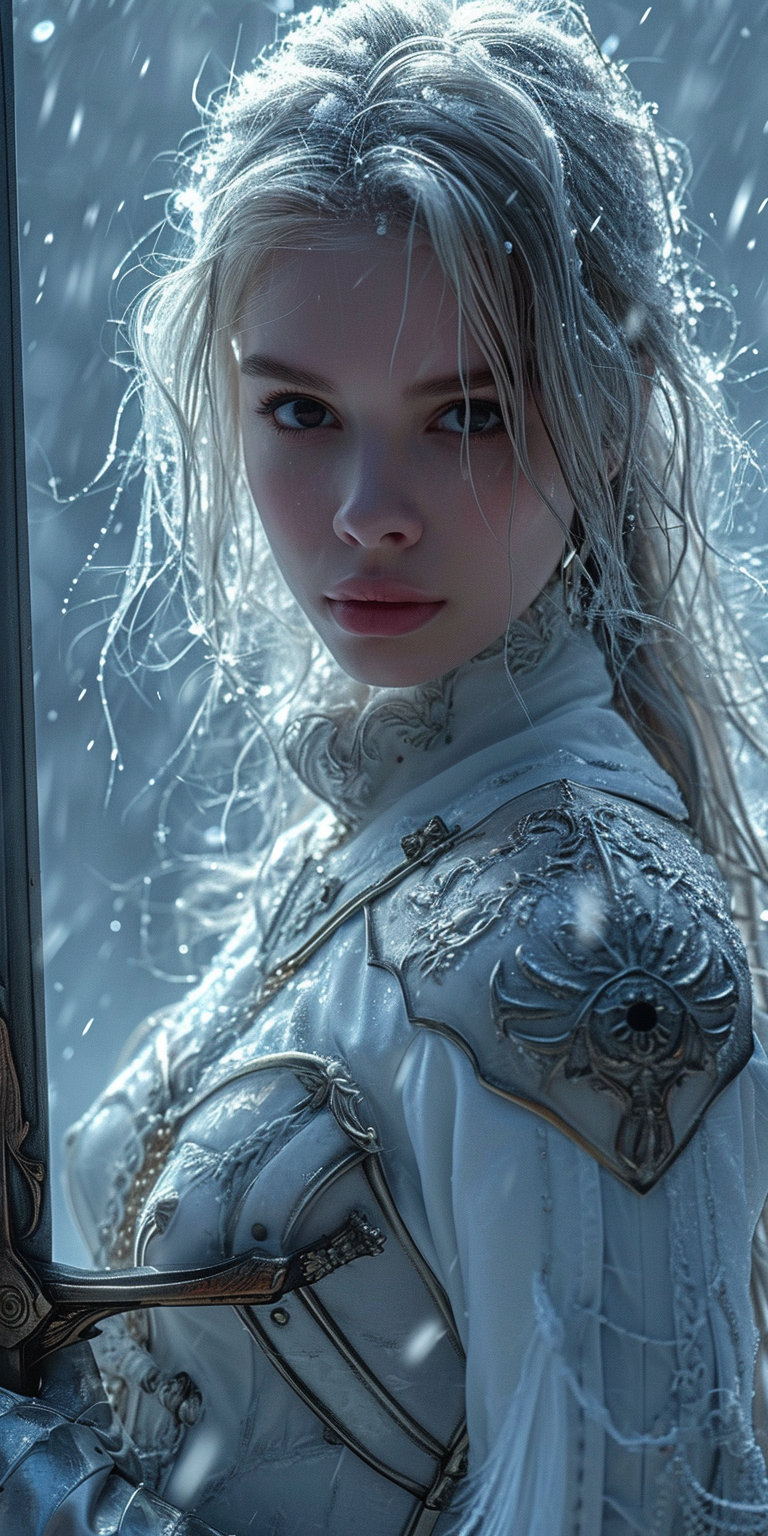 AI generated: Midjourney prompt: a woman in armour, in the style of light white and... (Midjourney - Portraits)