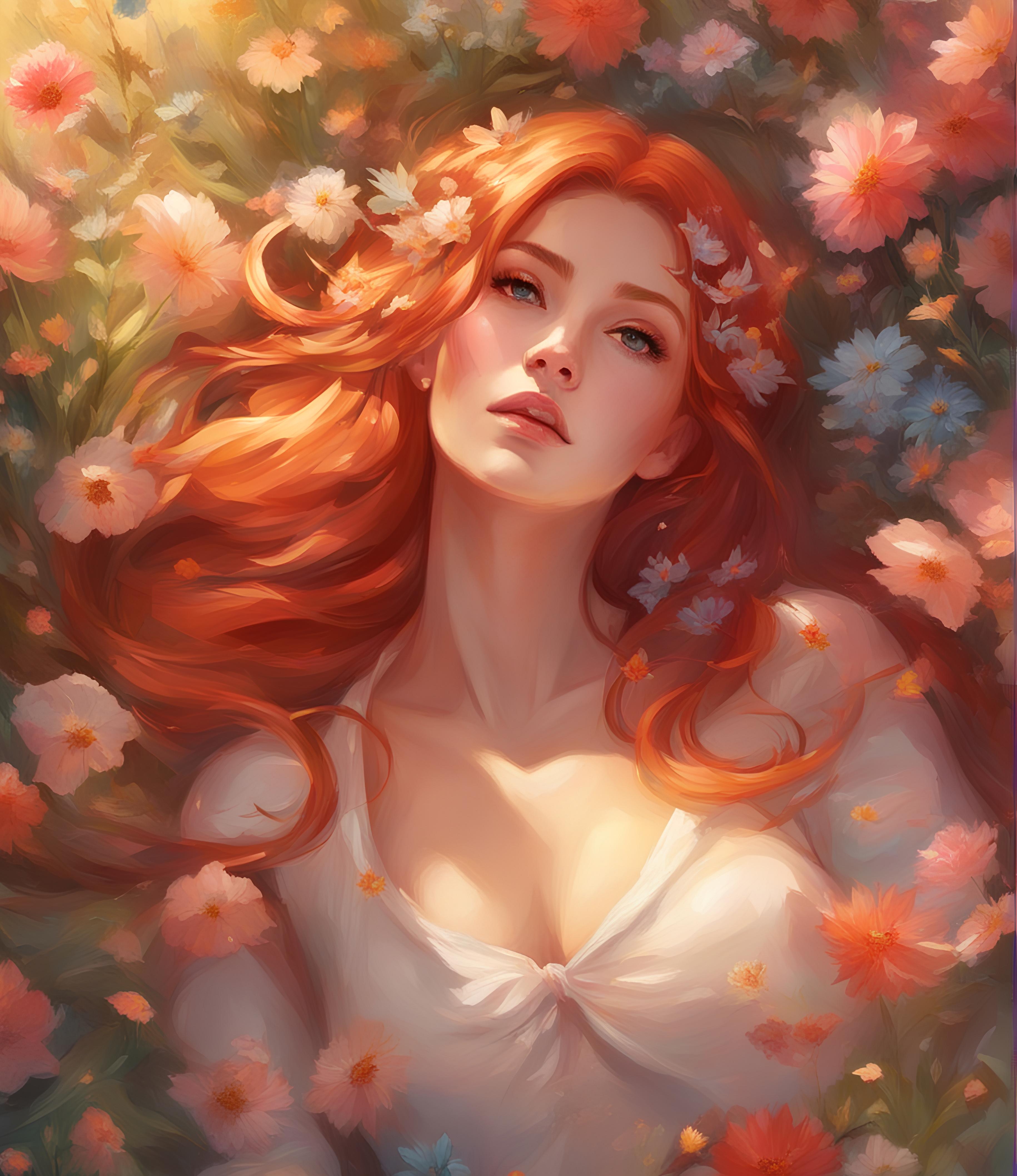 DreamShaper prompt: a painting of a woman laying in a field of flowers... - DreamShaper