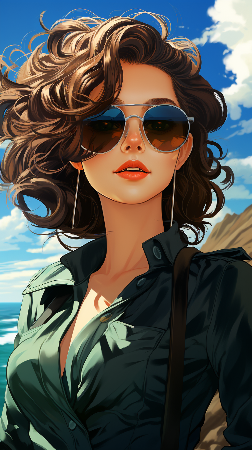 AI generated: Midjourney prompt: a woman wearing sunglasses posing in front of the ... (Midjourney - Anime)