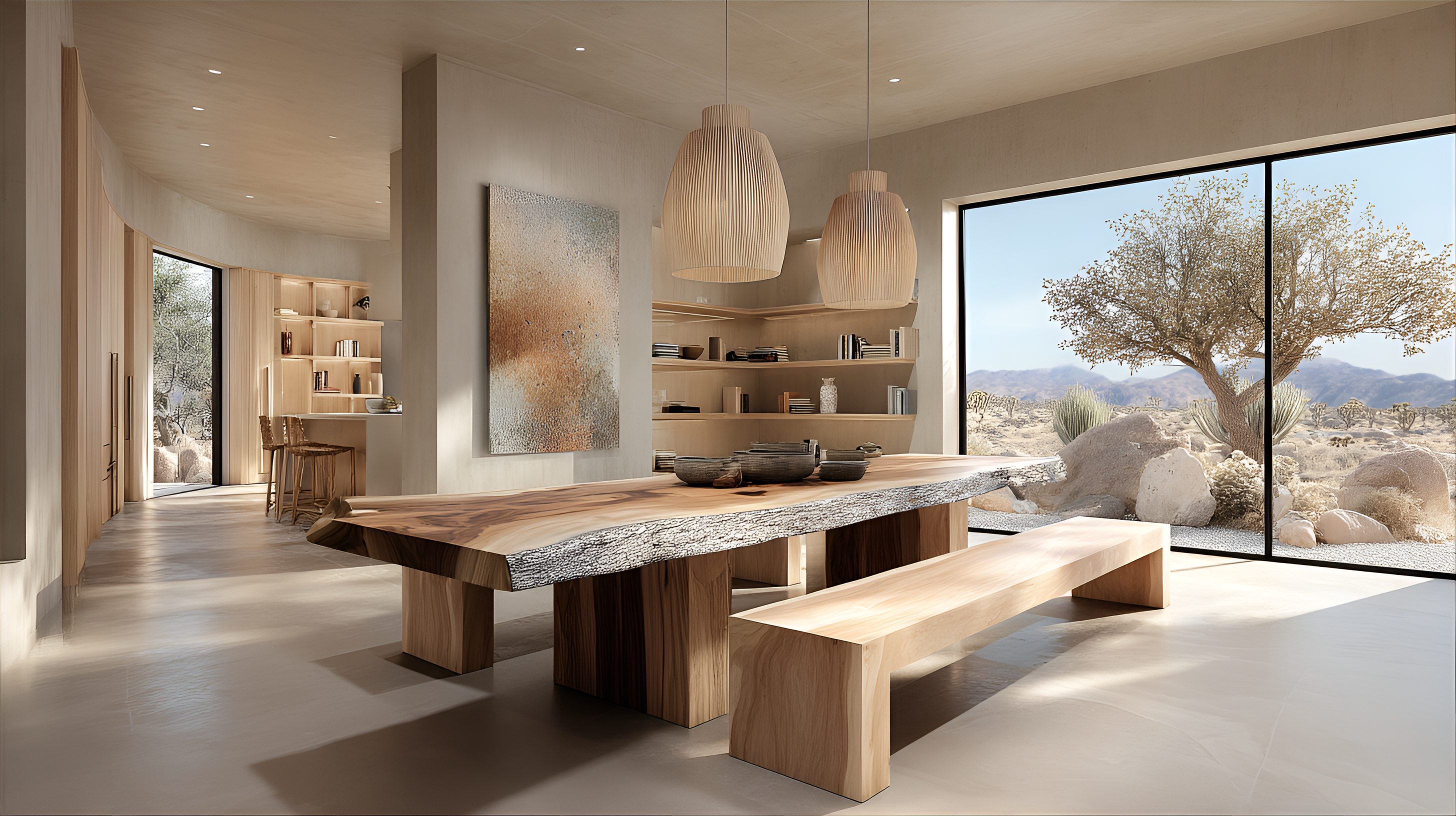صورة مولدة بالذكاء الاصطناعي: Midjourney prompt: Modern minimalist dining area, light beige concret... (نموذج Midjourney - مناظر طبيعية)