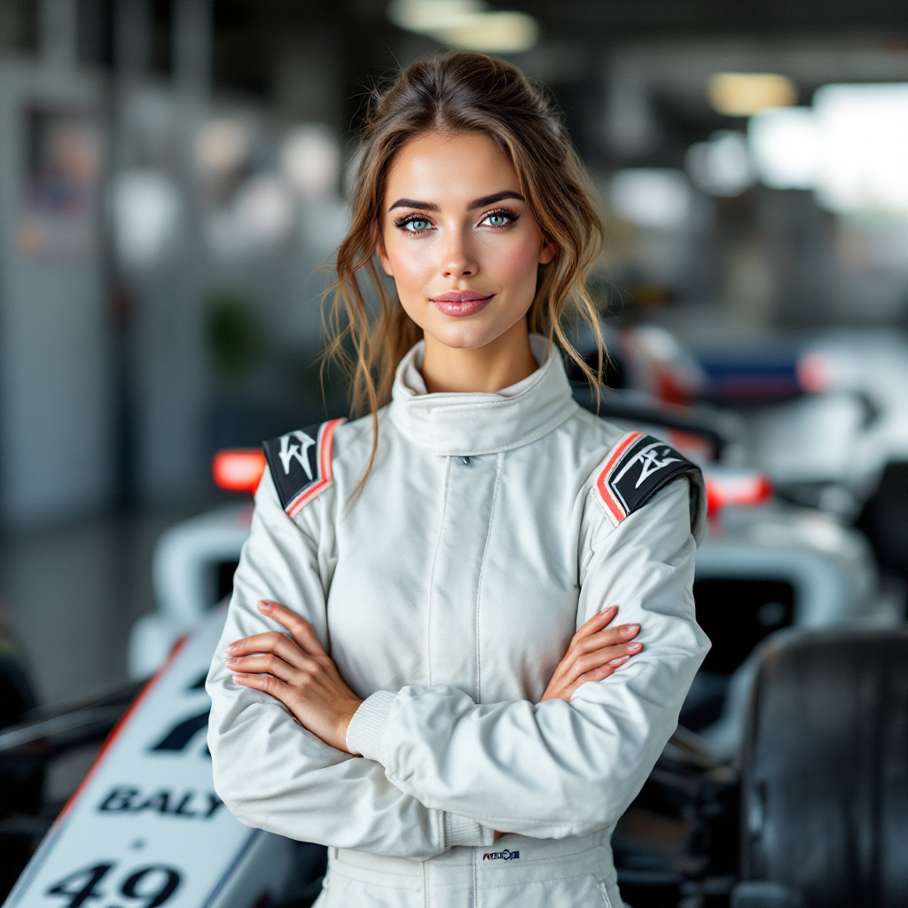 AI generated: FLUX prompt: A pretty lady car racing driver standing in front ... (FLUX - Concept Art)