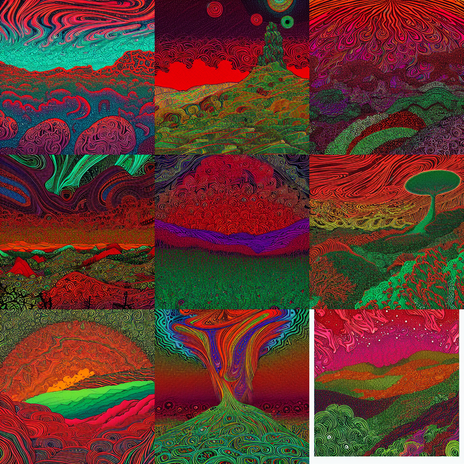 Stable Diffusion prompt: psychedelic landscape, red and g...