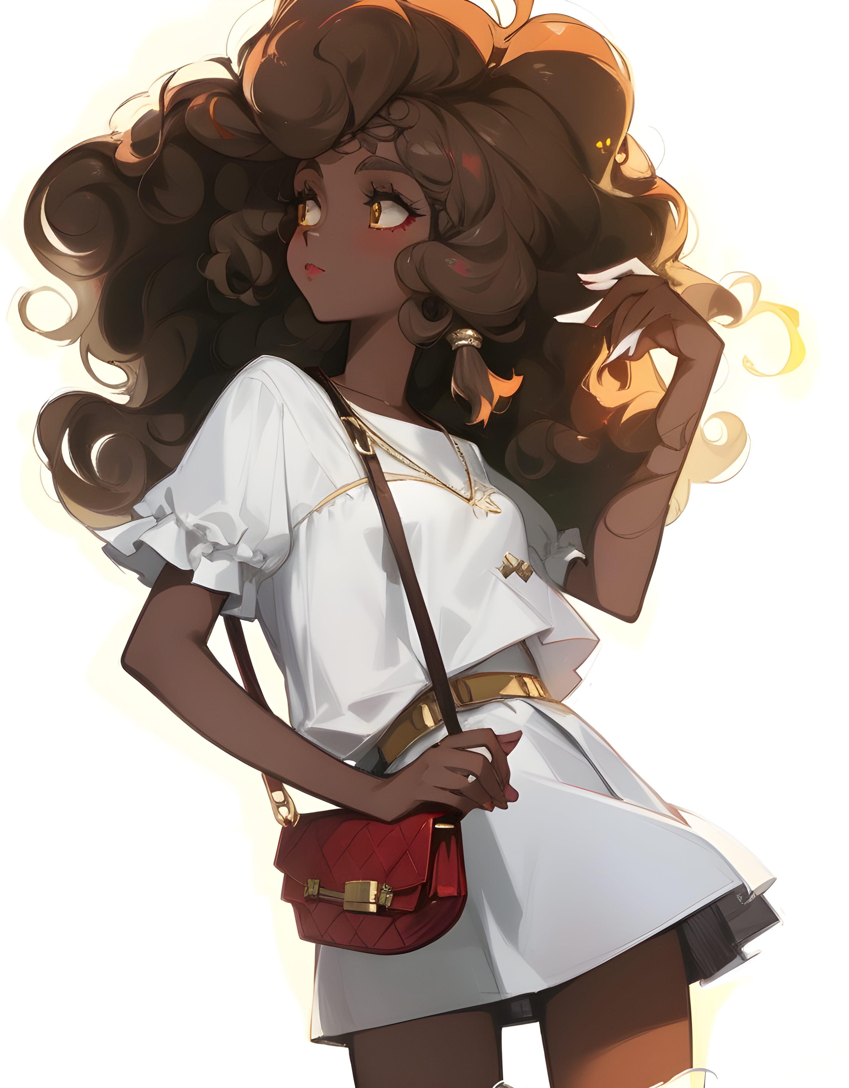 Deliberate prompt: a woman in a white dress holding a red purse, a ch... - Deliberate