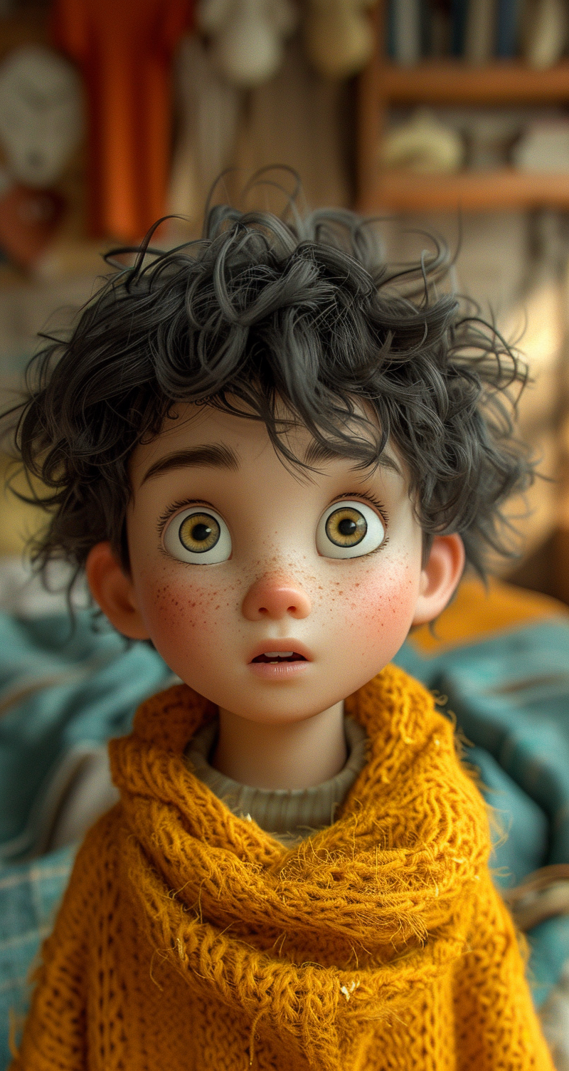 Midjourney prompt: a boy with curly hair and yellow shirt, in the sty... - Midjourney