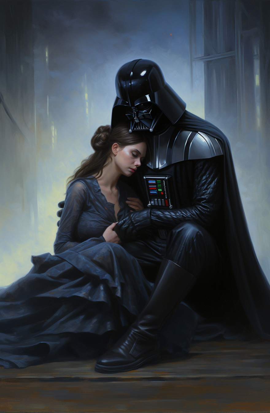Midjourney prompt: A woman in dark hood hugging Darth Vader, both sit... - Midjourney